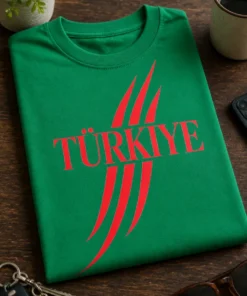 Minimalistisches T-Shirt mit rotem Schriftzug TÜRKIYE und dynamischen roten Streifen
