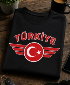 T-Shirt mit TÜRKIYE Schriftzug und rotem Emblem mit Halbmond und Stern für Türkei-Fans