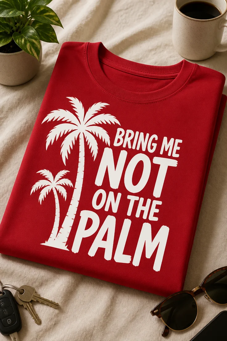 Lustiges T-Shirt mit Palmenmotiv und dem Spruch BRING ME NOT ON THE PALM