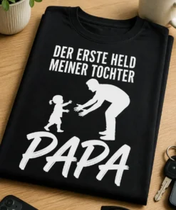 T-Shirt mit Spruch DER ERSTE HELD MEINER TOCHTER PAPA und Silhouette von Vater und Tochter