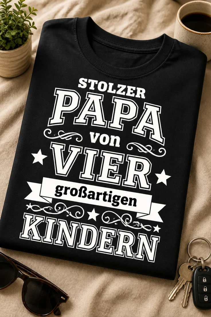 T-Shirt mit dem Spruch STOLZER PAPA von VIER großartigen KINDERN in weißer Vintage-Typografie