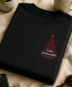 Weihnachts-T-Shirt mit kleinem Brustmotiv und dem Schriftzug „Frohe Weihnachten“ unter einem minimalistischen roten Weihnachtsbaum