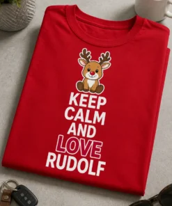 Weihnachtliches Typografie-Motiv mit Rentier und dem Spruch KEEP CALM AND LOVE RUDOLF