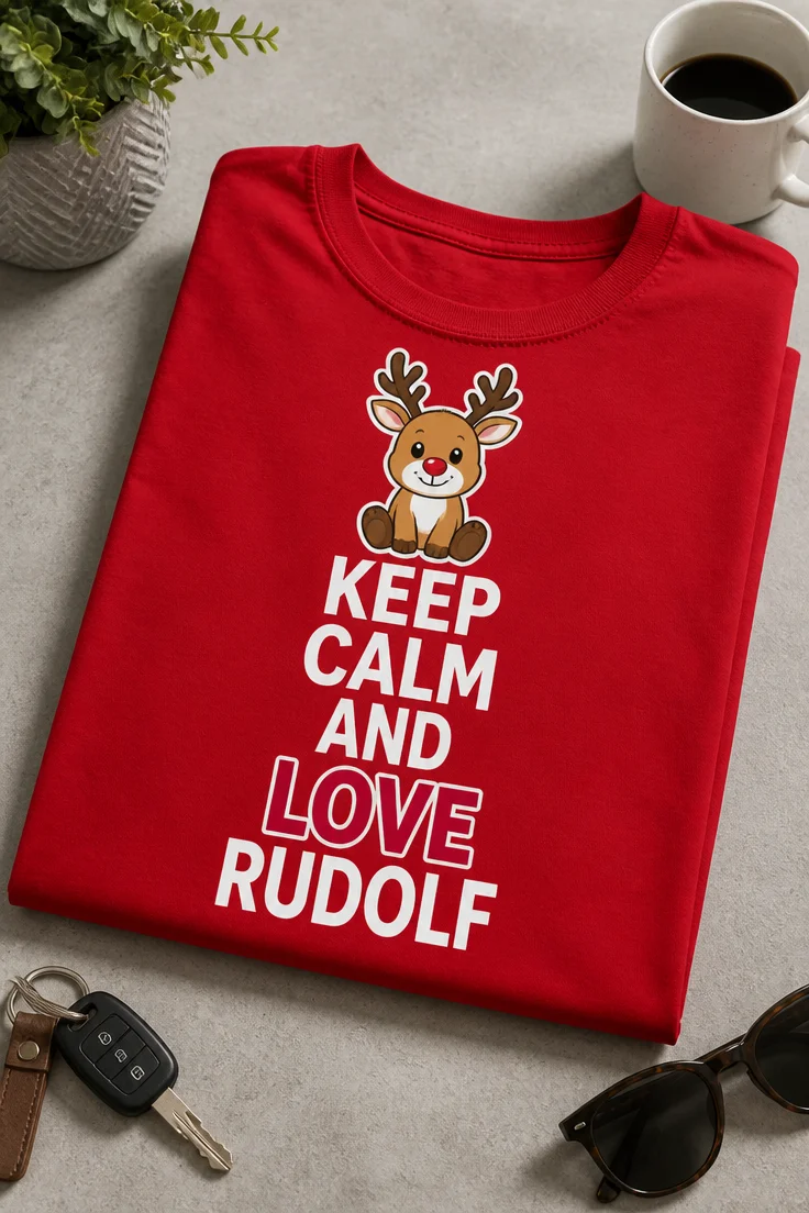 Weihnachtliches Typografie-Motiv mit Rentier und dem Spruch KEEP CALM AND LOVE RUDOLF