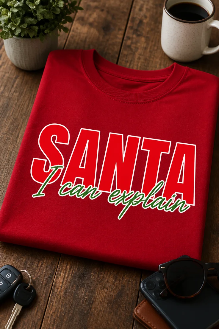 Lustiges Weihnachts-T-Shirt mit dem Spruch SANTA I can explain in roter und grüner Typografie