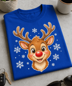 Niedliches Rentier mit roter Nase und Schneeflocken im Cartoon-Stil