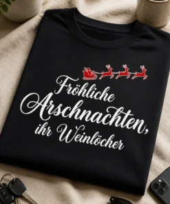 Lustiges Weihnachts T-Shirt für Weinfreunde mit dem Spruch Fröhliche Arschnachten, ihr Weinlöcher