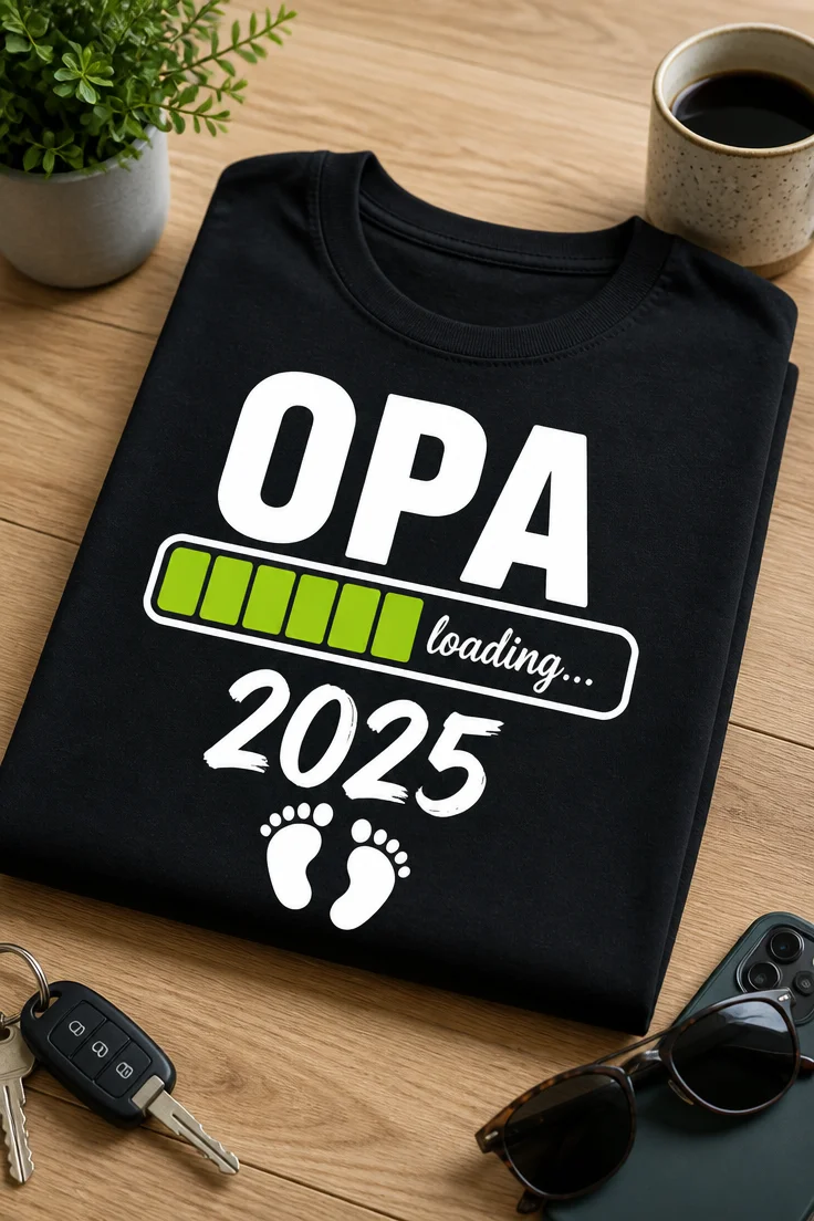 T-Shirt mit dem Spruch „OPA loading... 2025“ und Babyfüßen als lustige Babyankündigung für werdende Opas