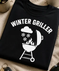 Lustiges T-Shirt für Wintergriller mit dem Spruch WINTER GRILLER und Grillmotiv mit Schneeflocken