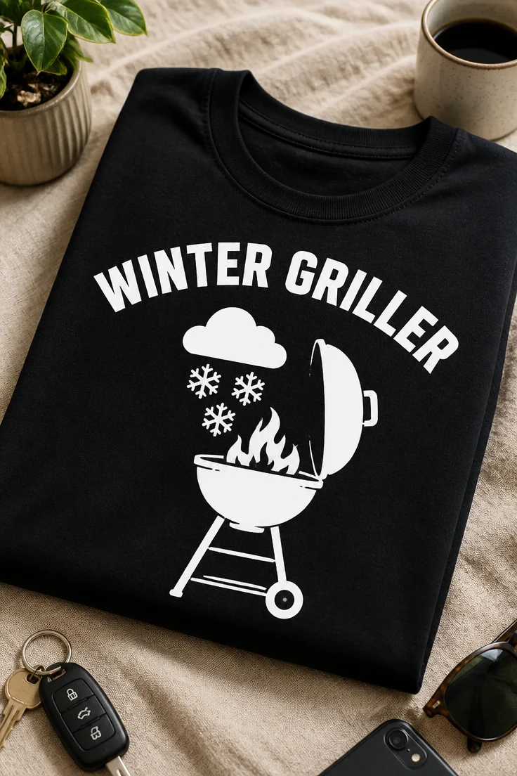 Lustiges T-Shirt für Wintergriller mit dem Spruch WINTER GRILLER und Grillmotiv mit Schneeflocken