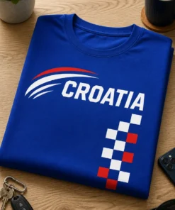 Sportliches T-Shirt mit CROATIA Schriftzug, dynamischen Linien und rot-weißem Karomuster im Kroatien-Look