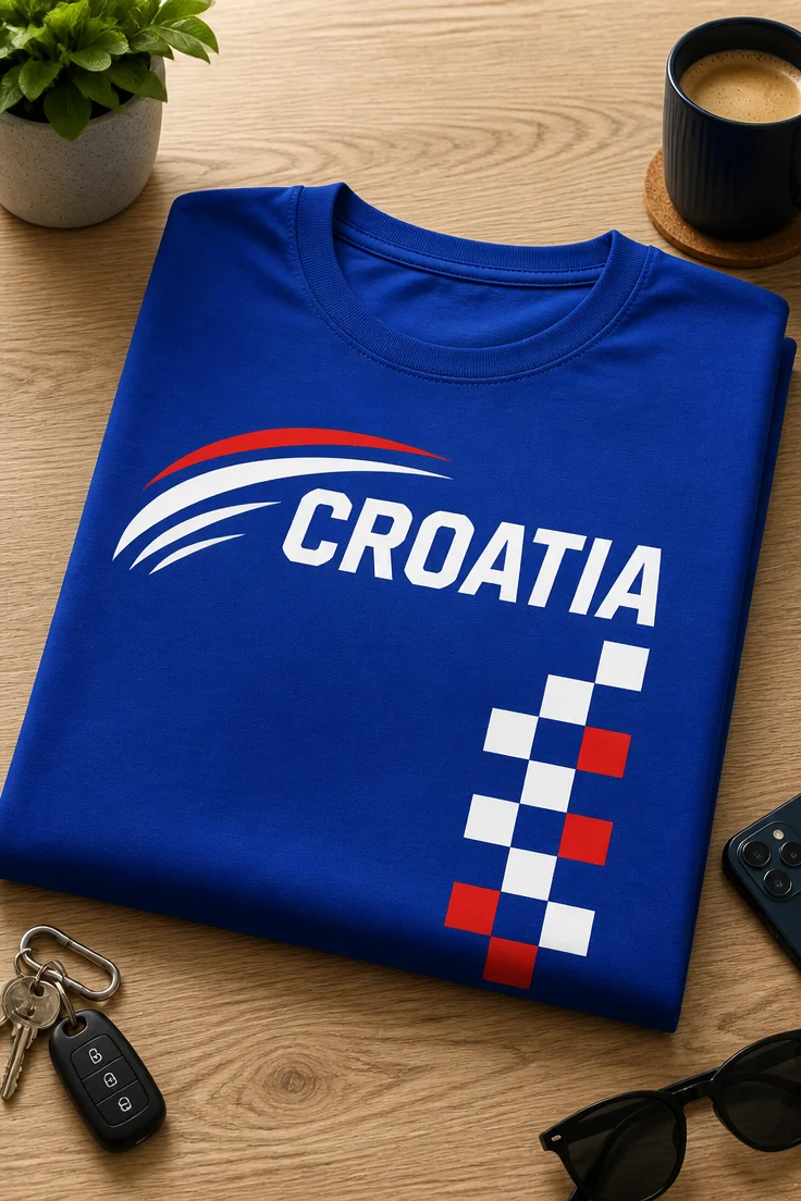 Sportliches T-Shirt mit CROATIA Schriftzug, dynamischen Linien und rot-weißem Karomuster im Kroatien-Look