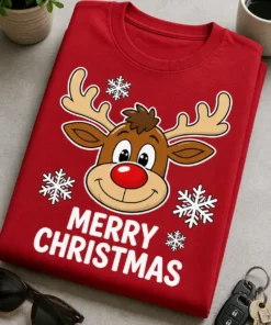 Niedliches Weihnachts-Rentier mit roter Nase und Schneeflocken als verspieltes Festtagsmotiv