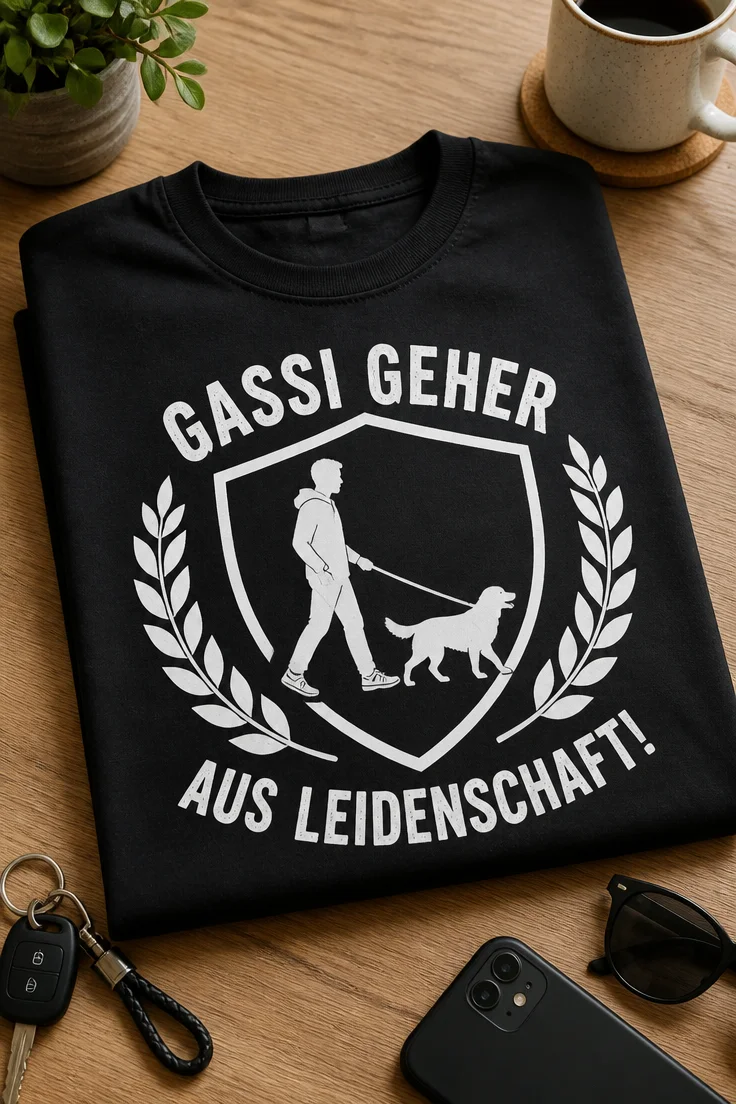 Lustiges T-Shirt für Hundebesitzer mit dem Spruch „GASSI GEHER AUS LEIDENSCHAFT!“