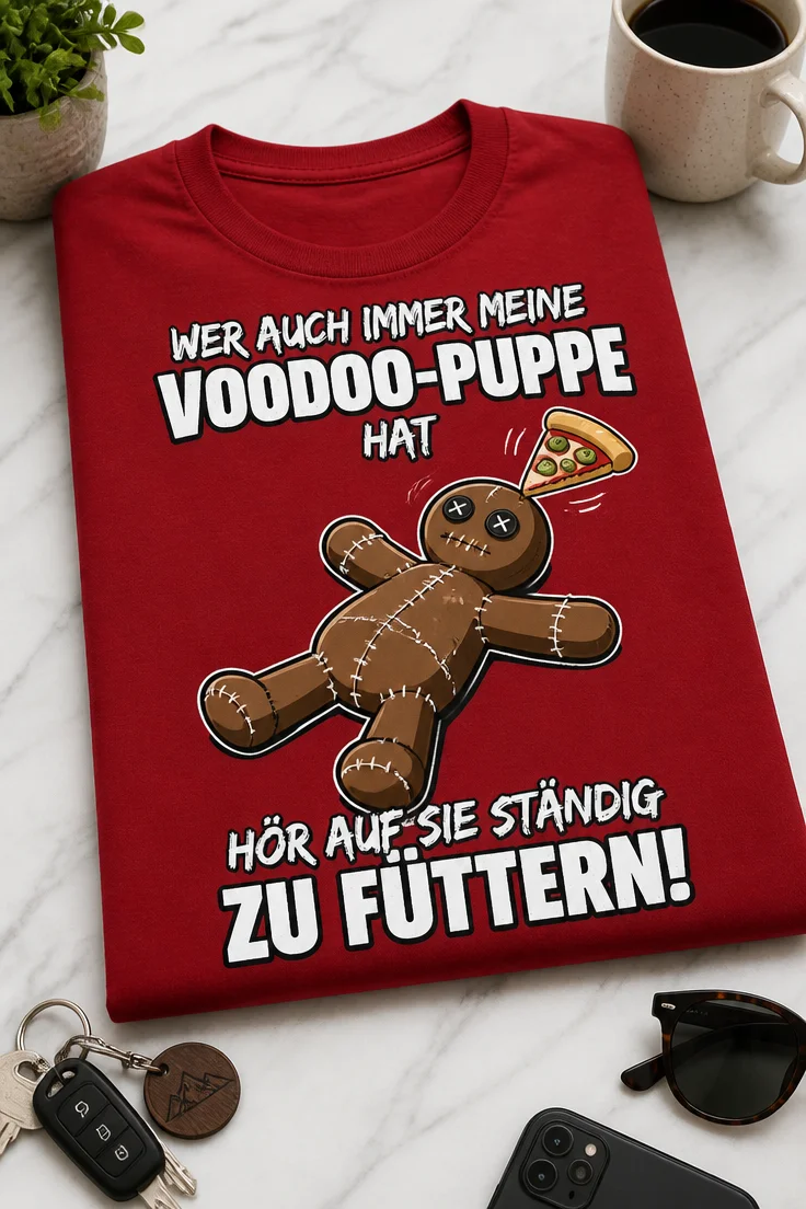 T-Shirt mit Spruch WER AUCH IMMER MEINE VOODOO-PUPPE HAT HÖR AUF SIE STÄNDIG ZU FÜTTERN! und gezeichneter Voodoo-Puppe mit Pizza