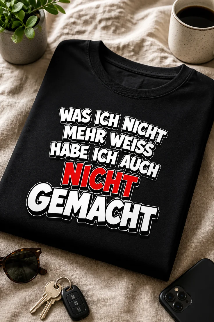 T-Shirt mit dem Spruch WAS ICH NICHT MEHR WEISS HABE ICH AUCH NICHT GEMACHT in auffälliger Typografie