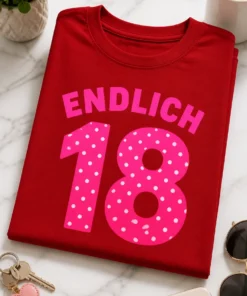 Lustiges T-Shirt zum 18. Geburtstag mit dem Spruch „ENDLICH 18“ in auffälliger Typografie