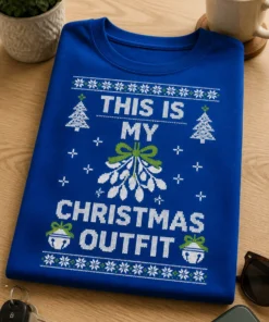 Weihnachts-T-Shirt mit Spruch THIS IS MY CHRISTMAS OUTFIT im Ugly-Sweater-Stil