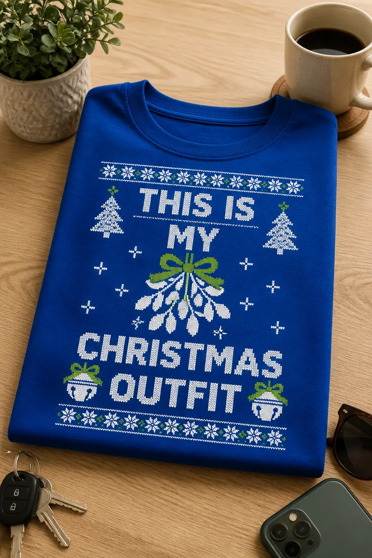 Weihnachts-T-Shirt mit Spruch THIS IS MY CHRISTMAS OUTFIT im Ugly-Sweater-Stil