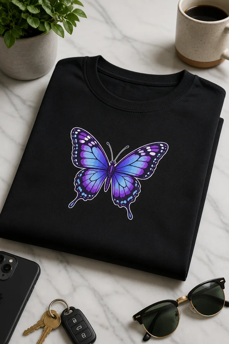 T-Shirt mit kleinem violett-blauem Schmetterling auf der Brust